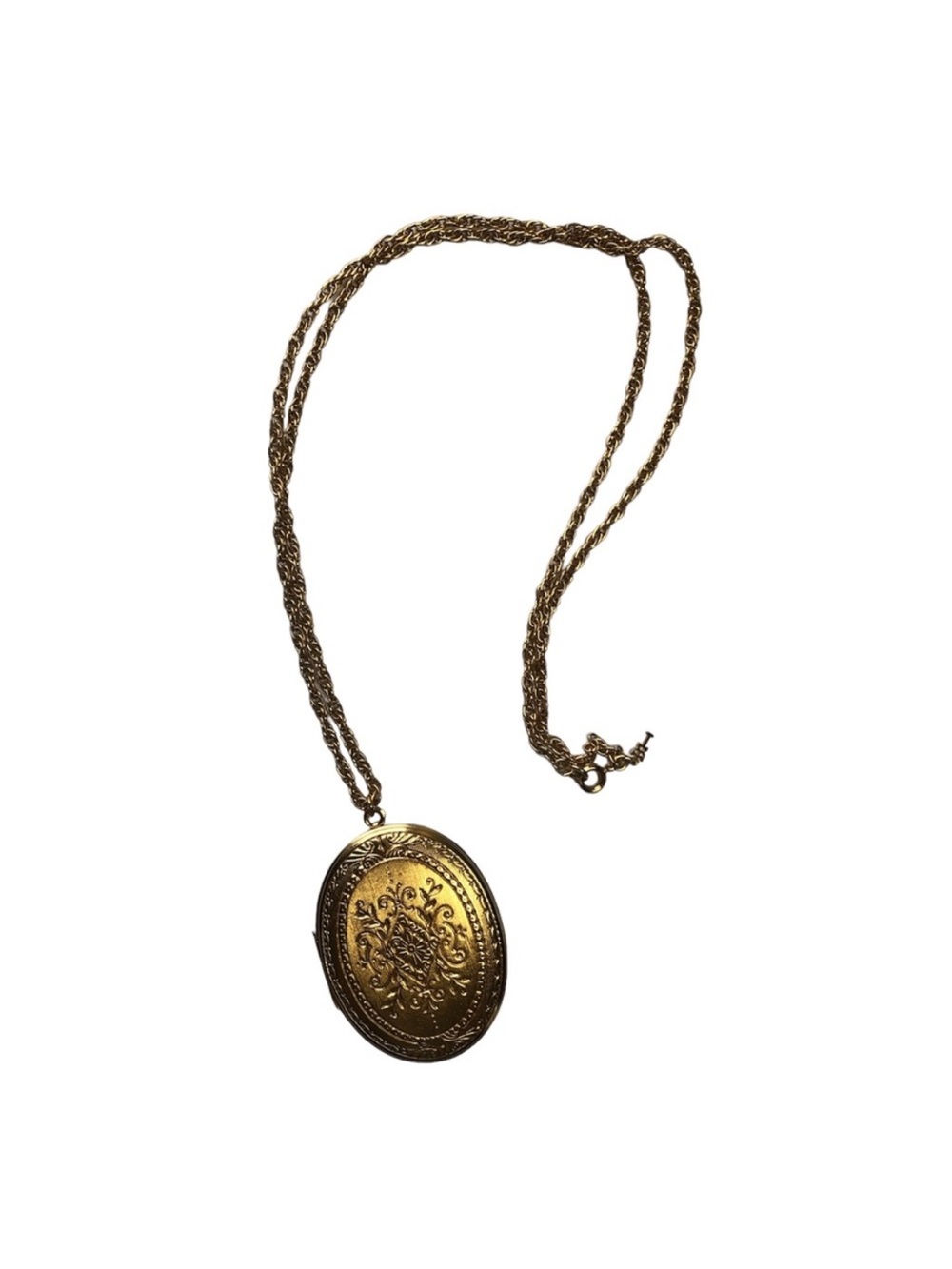 Crown Trifari Vintage Oval Embossed Floral Double Locket Pendant Necklace
